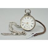 A LATE VICTORIAN SILVER POCKET WATCH AND ALBERT CHAIN, the J Millington pocket watch with white dial