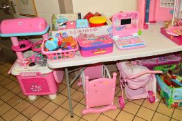 A COLLECTION OF VARIOUS PRE-SCHOOL TOYS, DOLL, COT, PRAM, etc, to include cooker/dishwasher and