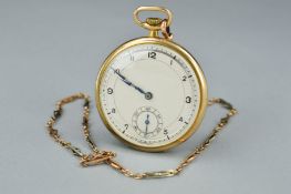A 9CT GOLD SWISS FIFTEEN JEWEL POCKET WATCH, (approximate weight 43 grams), on a 9ct chain (