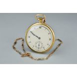 A 9CT GOLD SWISS FIFTEEN JEWEL POCKET WATCH, (approximate weight 43 grams), on a 9ct chain (