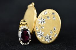 A 9CT GOLD PENDANT AND LOCKET, the pendant designed as an oval garnet within a single cut diamond