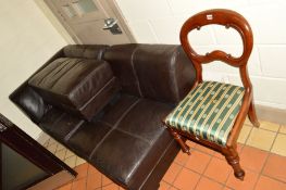 A SET OF FOUR MAHOGANY BALLOON BACK CHAIRS, a leather corner sofa and pouffe (6)