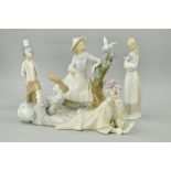 FOUR VARIOUS FIGURES to include Lladro Clown, No 4618 (front arm reglued), a Cascades Clown, and two