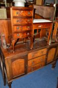 AN EDWARDIAN MAHOGANY PIANO STOOL, a small reproduction mahogany chest of four drawers on cabriole