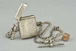 AN EDWARDIAN SILVER VESTA CASE AND ALBERT CHAIN, the vesta case engraved with scrolling acanthus