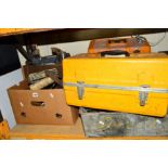 FOUR TRAYS OF HAND TOOLS including a Wooden vice, wooden bow saw and two toolboxes, etc