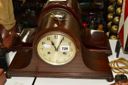 TWO EARLY 20TH CENTURY MAHOGANY CASED DOME TOP MANTEL CLOCKS, eight day movements, gong strikes,