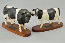 TWO BESWICK CONNOISSEUR FIGURES, Friesian Bull No A2580 and Friesian Cow No A2607, both on wooden