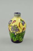A SMALL MOORCROFT POTTERY BUD VASE, 'Hepatica' pattern on cream ground, impressed and painted