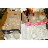 TWO BOXES AND LOOSE GLASS WARE to include cut glass drinking glasses and bowls, modern vases,