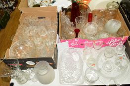 TWO BOXES AND LOOSE GLASS WARE to include cut glass drinking glasses and bowls, modern vases,