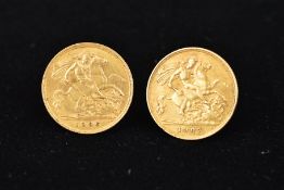 TWO EDWARD VII HALF SOVEREIGNS dated 1906 and 1907 depicting George slaying the dragon on the