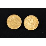 TWO EDWARD VII HALF SOVEREIGNS dated 1906 and 1907 depicting George slaying the dragon on the