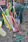 FOUR FOLDING GARDEN CHAIRS, two plastic garden chairs and a quantity of garden tools (over 15)