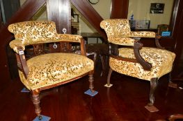 A VICTORIAN GOLD UPHOLSTERED TUB CHAIR, together with a similar Edwardian tub chair (2)