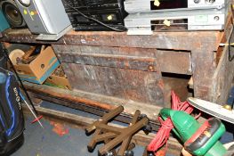 A VINTAGE 6FT WOOD BENCH WITH LEG VICE, sliding doors covering drawer