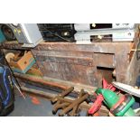 A VINTAGE 6FT WOOD BENCH WITH LEG VICE, sliding doors covering drawer