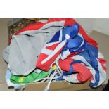 THREE LARGE JMS FLAGPOLES FLAGS, to include two England the largest 223cm x 108cm and a Union