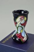 A BOXED SMALL MOORCROFT VASE, waisted shape, 'Dewdrop' pattern on blue ground, impressed and painted