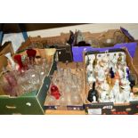FIVE BOXES OF GLASS WARES AND CERAMICS, to include glass bells, ceramic novelty bells, assorted