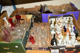 FIVE BOXES OF GLASS WARES AND CERAMICS, to include glass bells, ceramic novelty bells, assorted