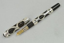 AN EARLY 20TH CENTURY BLACK BAKELITE DIP PEN WITH STERLING SILVER OVERLAY, damaged nib, two small