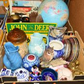 TWO BOXES OF SUNDRY ITEMS to include a modern globe, collectors plates, ceramic storage jars,