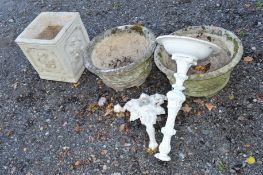 A CAST ALUMINIUM BIRD BATH, (sd) two composite round plant pots and a square planter (4)