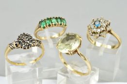 FOUR GEM RINGS, the first an oval citrine single stone, ring size T, the second assessed as a