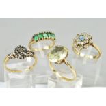 FOUR GEM RINGS, the first an oval citrine single stone, ring size T, the second assessed as a