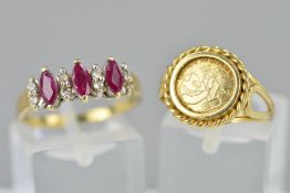 TWO RINGS, the first a 9ct gold ruby and diamond ring designed as three marquise shape rubies each