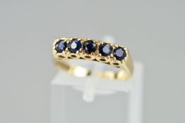 A LATE 20TH CENTURY 9CT GOLD SAPPHIRE HALF HOOP RING, ring size N, hallmarked 9ct gold,