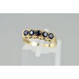 A LATE 20TH CENTURY 9CT GOLD SAPPHIRE HALF HOOP RING, ring size N, hallmarked 9ct gold,