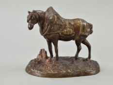 A LATE 20TH CENTURY BRONZE FIGURE OF HORSE, wearing collar and harness, on an oval base, height 14cm