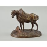 A LATE 20TH CENTURY BRONZE FIGURE OF HORSE, wearing collar and harness, on an oval base, height 14cm