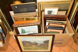 TWO BOXES AND LOOSE PICTURES AND PRINTS to include a Stewart Gray watercolour painting of a