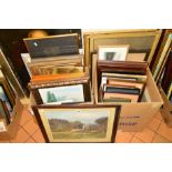 TWO BOXES AND LOOSE PICTURES AND PRINTS to include a Stewart Gray watercolour painting of a