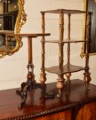 A VICTORIAN ROSEWOOD THREE TIER WHATNOT, (sun bleached), of shaped rectangular form, the top tier