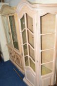 A BLEACHED CANTED SINGLE DOOR DISPLAY CABINET, width 92cm x depth 38cm x height 187cm, together with