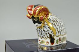 A BOXED ROYAL CROWN DERBY 'DERBY RAM' PAPERWEIGHT, gold stopper