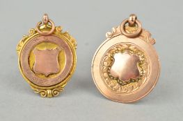 TWO EARLY 20TH CENTURY 9CT GOLD MEDALLIONS, both with personal inscriptions to the reverse,