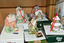 FOUR BOXED LILLIPUT LANE ANNUAL ORNAMENTS AND THREE BOXED CHRISTMAS ORNAMENTS, 'Mistletoe Cottage'