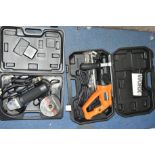 A WORX CORDED HAMMERDRILL and an unnamed 4' angle grinder both in fitted plastic cases