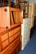 FIVE MODERN PIECES OF BEDROOM FURNITURE, a teak side cabinet, a fall front cabinet, a hi fi cabinet,