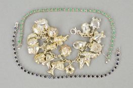 THREE BRACELETS, to include an emerald line bracelet, a sapphire line bracelet and a charm