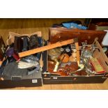 TWO BOXES AND LOOSE SUNDRY ITEMS, to include silver plate and treen, cutlery and flatware, biscuit