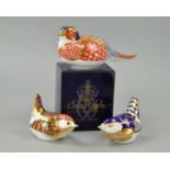 THREE ROYAL CROWN DERBY PAPERWEIGHTS, 'Pheasant', 'Firecrest' (boxed), gold stopper, and 'Wren' (
