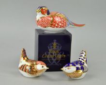 THREE ROYAL CROWN DERBY PAPERWEIGHTS, 'Pheasant', 'Firecrest' (boxed), gold stopper, and 'Wren' (