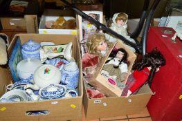 THREE BOXES AND LOOSE CERAMICS, COLLECTORS DOLLS, SOFT TOYS ETC, to include Brexton picnic set,
