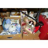 THREE BOXES AND LOOSE CERAMICS, COLLECTORS DOLLS, SOFT TOYS ETC, to include Brexton picnic set,